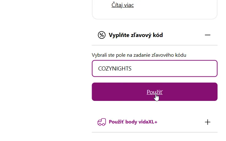 Rozbalené pole na zľavový kód s fialovým tlačidlom Použiť v košíku vidaXL
