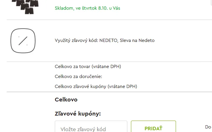Riadok Využitý zľavový kód s názvom kódu pod tovarom v košíku Trenírkárne