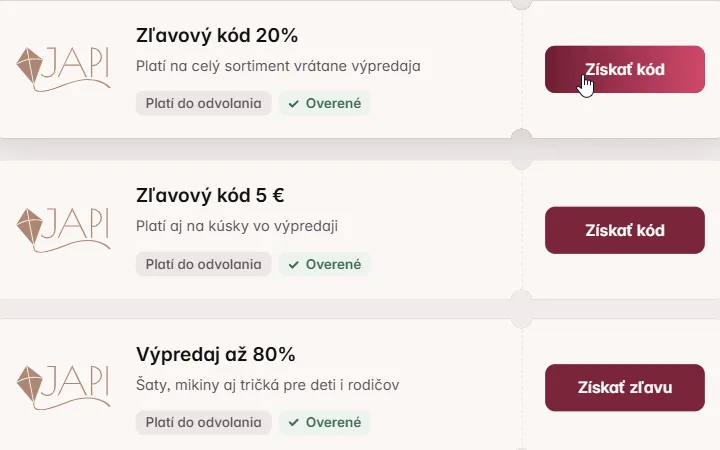 Karta s 20 % kódom na Japitex nad päťeurovým kódom a výpredajom, kurzor na Získať kód