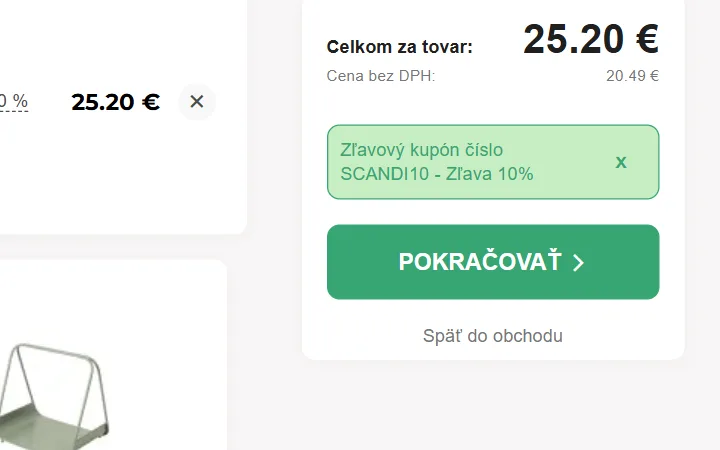 Zelený rámček s prijatým zľavovým kupónom a nižšou sumou Celkom za tovar na scandishop.sk