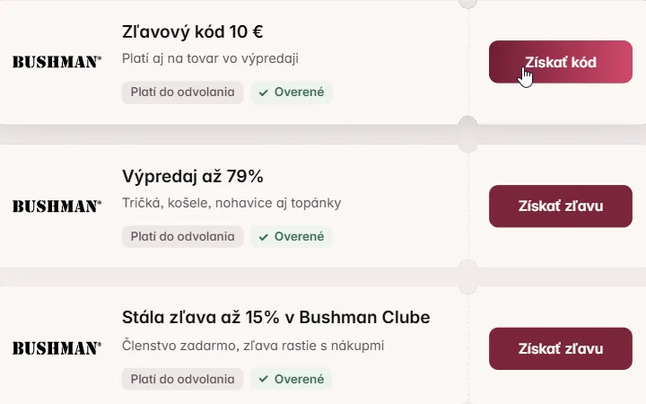 Karta desaťeurového kódu na Bushman s kurzorom na tlačidle