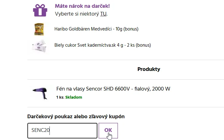 Pole na kód s tlačidlom OK pod fénom Sencor v košíku svetkadernictva.sk