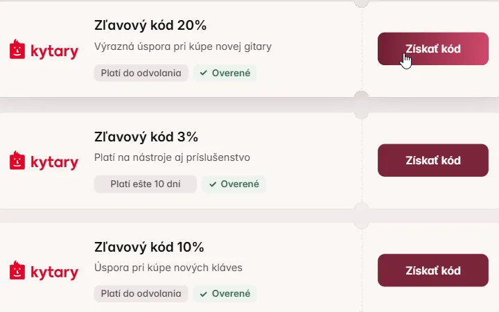 Karty zľavových kódov pre Kytary.sk, kurzor nad prvým tlačidlom Získať kód