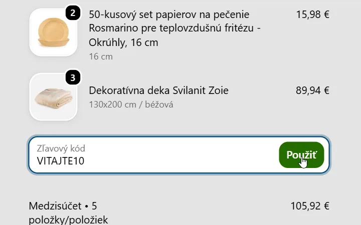Súhrn objednávky Vitapur s vyplneným poľom na kód a kurzorom na zelenom Použiť