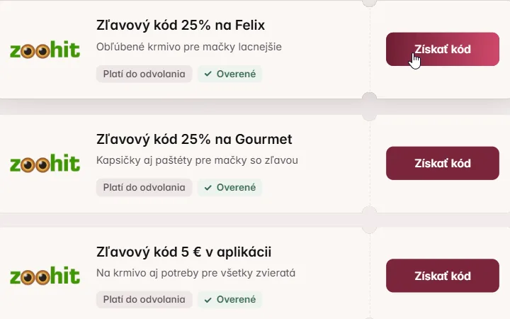 Karta Zľavový kód 25% na Felix, pod ňou kódy na Gourmet a do aplikácie Zoohitu