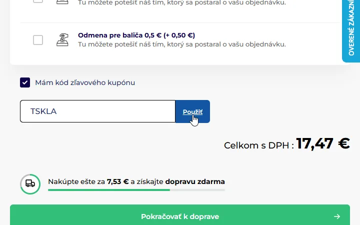 Zaškrtnuté políčko a vpísaný kód s modrým tlačidlom Použiť v košíku tvrdeneskla.eu