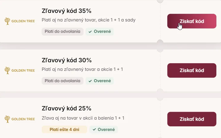 Karta s 35 % zľavou na Golden Tree a ruka kurzora nad jej tlačidlom Získať kód