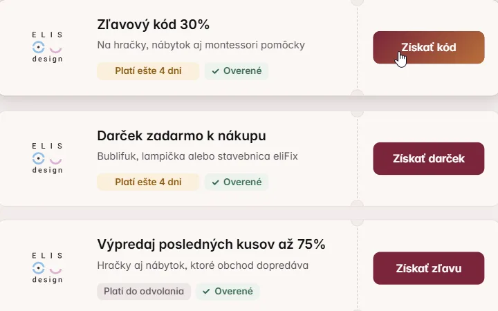 Kupón na 30 % pre Elis Design s kurzorom na tlačidle Získať kód