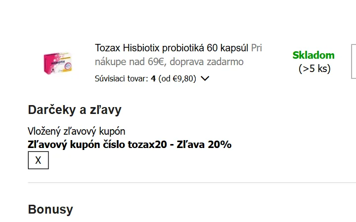 Riadok Vložený zľavový kupón s kódom a zľavou 20 % v košíku Tozaxu