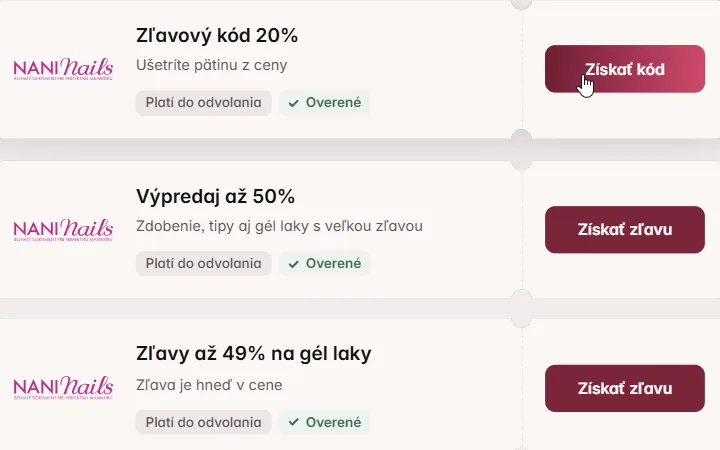 Tri karty NaniNails pod sebou, kurzor mieri na Získať kód pri 20 % kóde