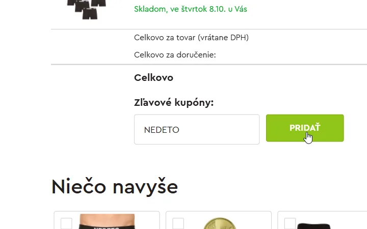 Pole Zľavové kupóny s vpísaným kódom a zeleným tlačidlom Pridať v košíku Trenírkárne