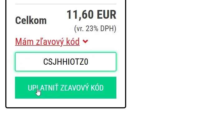 Rozbalené pole pod odkazom Mám zľavový kód s vloženým kódom, kurzor na zelenom tlačidle Uplatniť zľavový kód