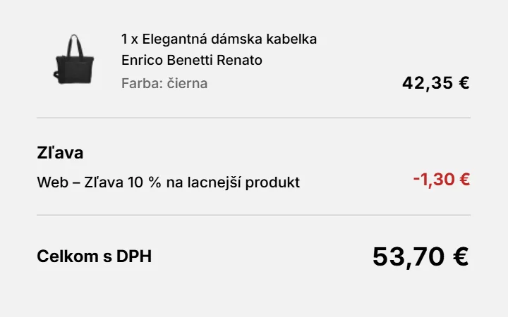 Riadok Zľava pod kabelkou v zhrnutí objednávky Kabelečky.sk