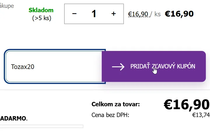 Fialové tlačidlo Pridať zľavový kupón vedľa vloženého kódu na tozax.sk