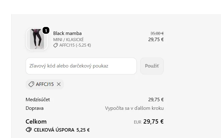 Kód uplatnený pri legínach Black mamba a celková úspora 5,25 € v pokladni LELOSI