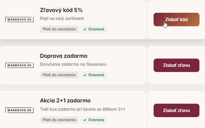 Kupón na päť percent pre Manboxeo, kurzor mieri na Získať kód