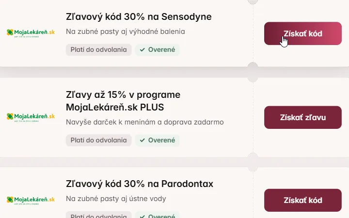 Karta kódu na Sensodyne s kurzorom na tlačidle Získať kód