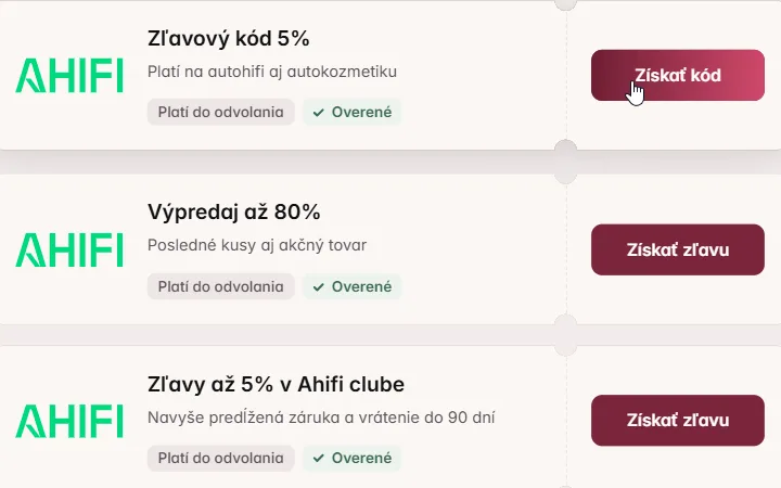 Karta Ahifi s piatimi percentami na autohifi aj autokozmetiku, kurzor na Získať kód, pod ňou výpredaj a Ahifi club