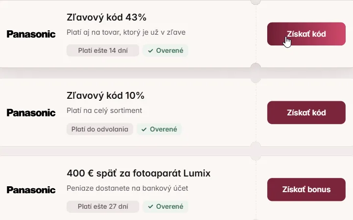 Kurzor na Získať kód pri kóde Panasonic na 43 %, nižšie karty s 10 % a so 400 € späť za Lumix