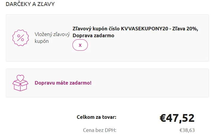 Vložený zľavový kupón na 20 % a nižšia suma Celkom za tovar v košíku Krásne vône