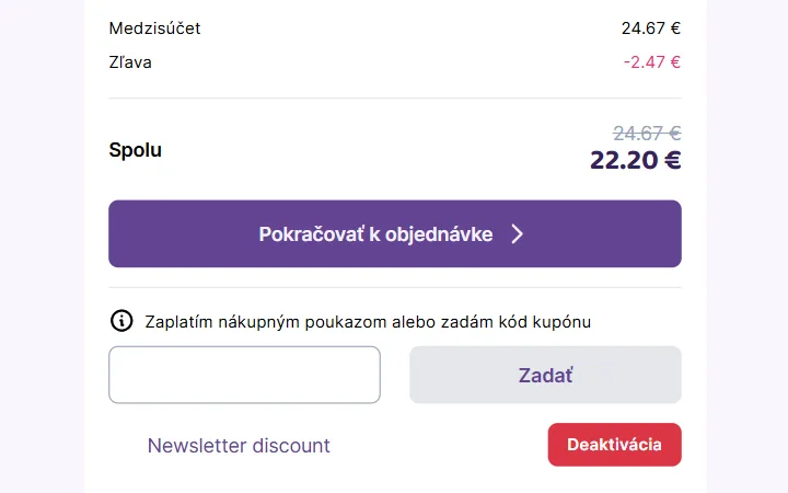 Riadok Zľava mínus 2,47 €, cena 22,20 € a tlačidlo Deaktivácia v košíku Regio Toys