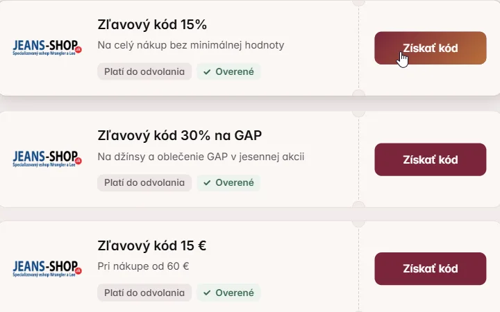 Kurzor na tlačidle Získať kód pri karte Jeans-shopu s 15 % zľavou