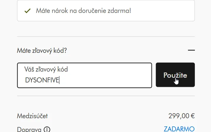 Pole na zľavový kód v zhrnutí objednávky na Dyson.sk a tlačidlo Použite