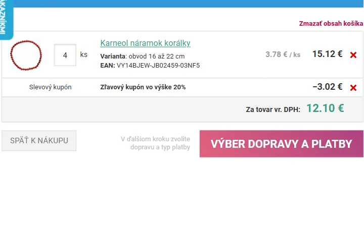 Riadok so zľavovým kupónom na 20 % pod tovarom v košíku nefertitis.sk