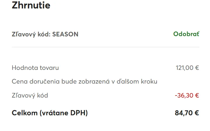 Zhrnutie objednávky na eobuv.sk s aktívnym kódom a odpočítanou zľavou