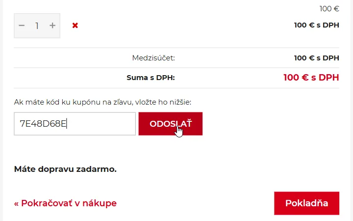 Pole na kód a červené tlačidlo Odoslať v košíku KARE