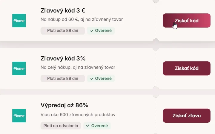 Karta so zľavovým kódom 3 € pre 4Home a kurzor na Získať kód