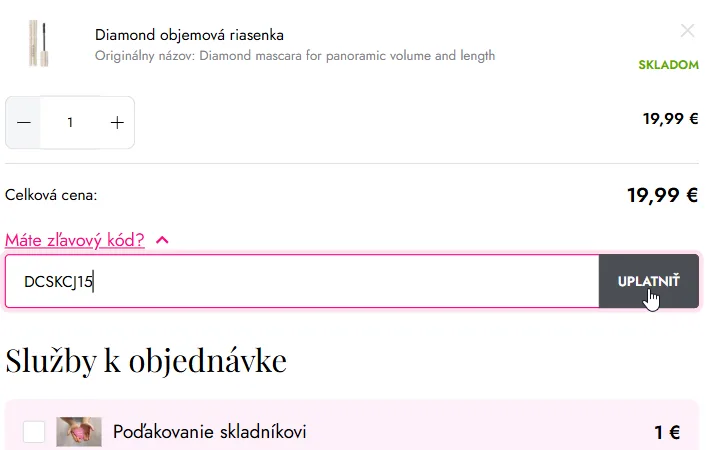 Slovenský košík Dermacol s riasenkou za 19,99 €, rozbaleným poľom na kód a tlačidlom Uplatniť