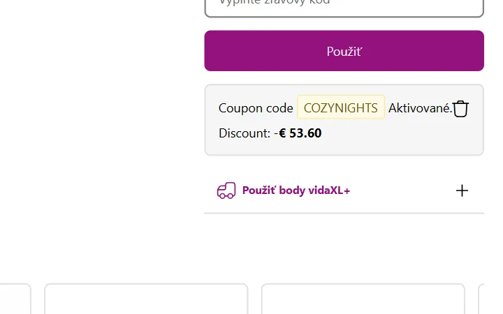 Aktivovaný kód a riadok so zľavou v eurách v košíku vidaXL