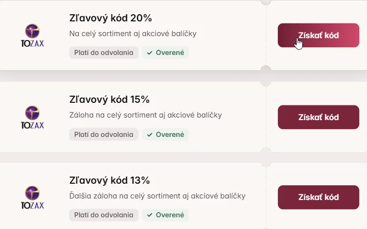 Tozax: karta so zľavou 20 % a ruka myši pri tlačidle Získať kód