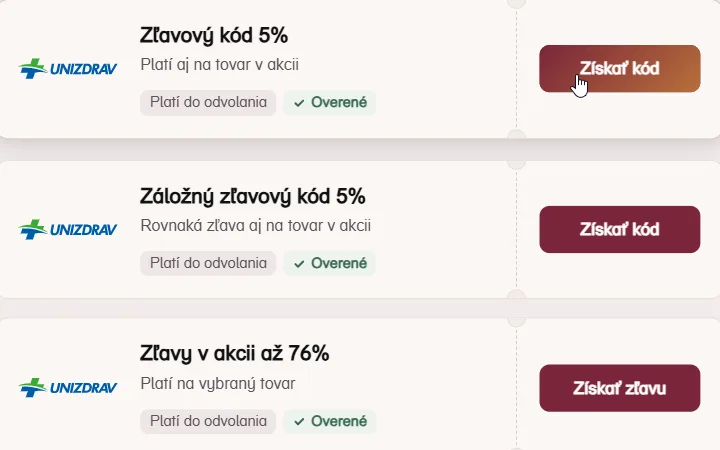 Dva päťpercentné kódy Unizdravu v prehľade, kurzor mieri na prvé tlačidlo