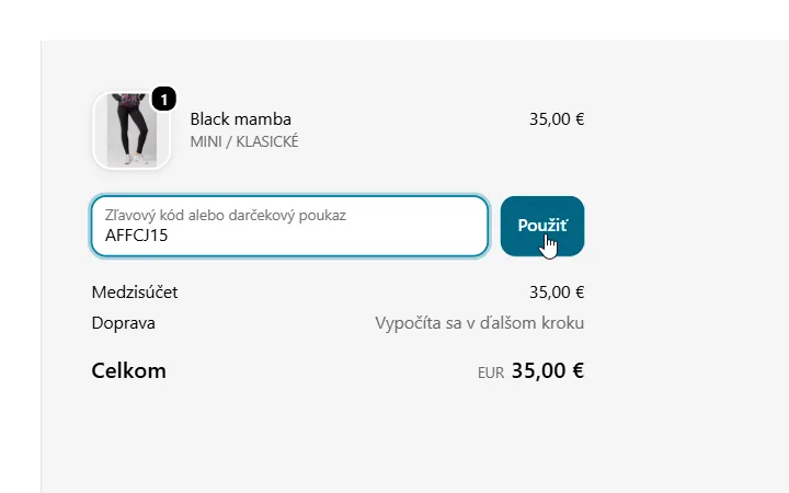 Slovenská pokladňa LELOSI s poľom na zľavový kód a tlačidlom Použiť