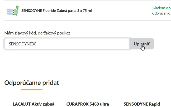 Pole Mám zľavový kód s vloženým kódom a tlačidlo Uplatniť v košíku mojalekaren.sk