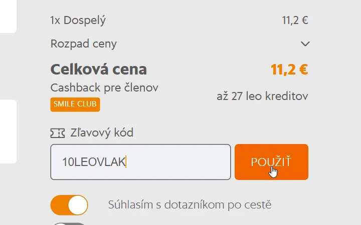 Vpísaný kód v poli Zľavový kód a oranžové tlačidlo Použiť pri lístku Bratislava Praha za 11,2 €