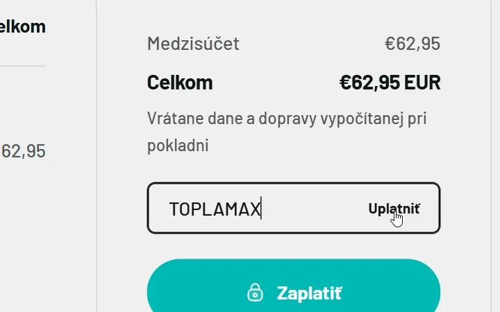 Rámček so súhrnom košíka LAMAX, pole s kódom a slovo Uplatniť vpravo