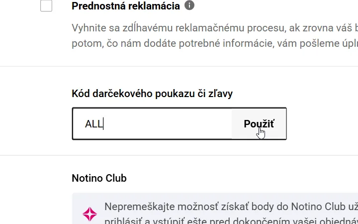 Pole Kód darčekového poukazu či zľavy s vpísaným kódom v košíku Notina