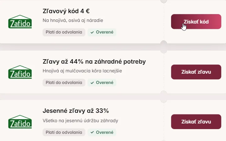 Zafido: karta Zľavový kód 4 € a kurzor na tlačidle Získať kód