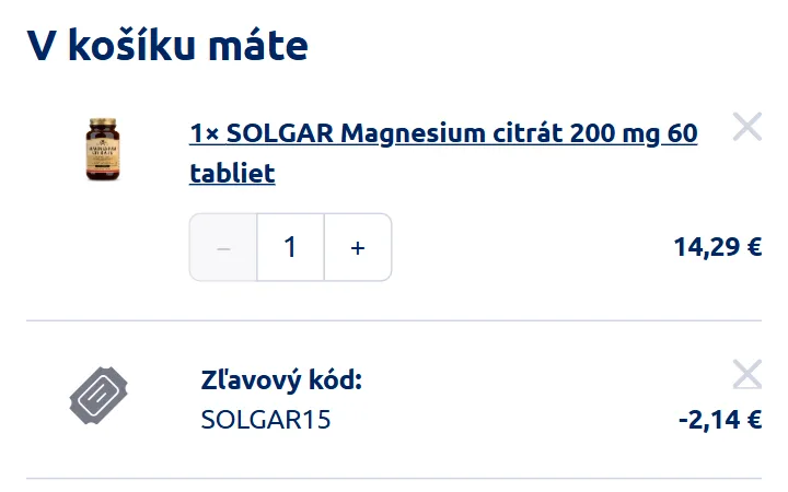 Riadok Zľavový kód s odpočtom pod magnéziom Solgar v košíku BENU
