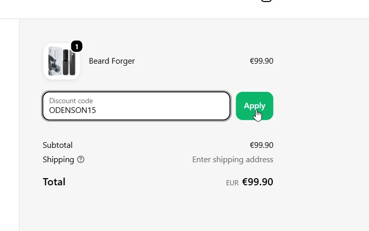 Pole Discount code s kódom pod Beard Forgerom a zelené tlačidlo Apply