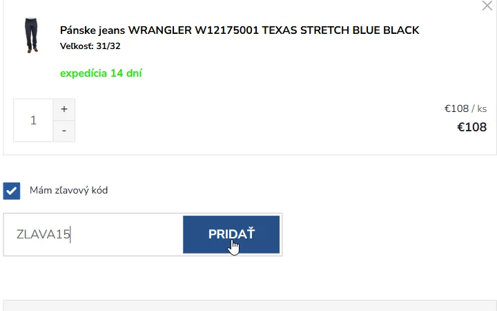Zaškrtnuté políčko Mám zľavový kód, vpísaný kód a modré tlačidlo Pridať v košíku Jeans-shopu