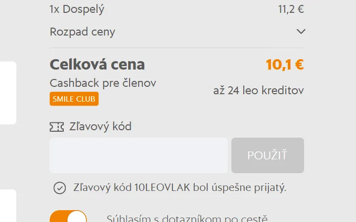 Celková cena 10,1 € a potvrdenie prijatého zľavového kódu na stránke Platba Leo Express