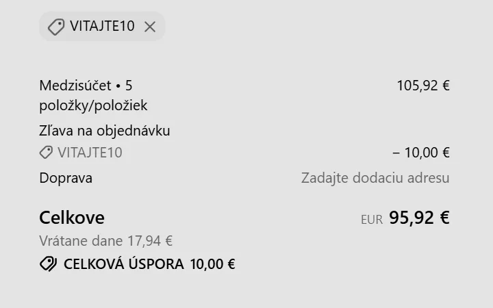 Sivý štítok s uplatneným kódom a riadok Zľava na objednávku v pokladni Vitapur