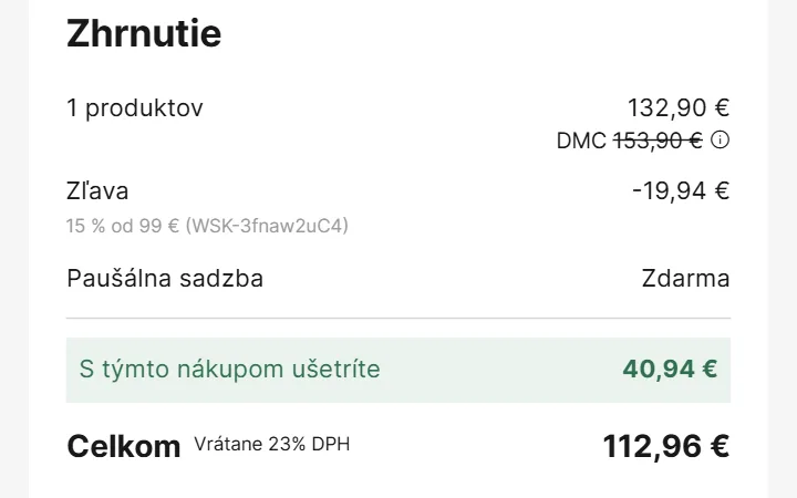 Súhrn košíka Lumories s riadkom Zľava a konečnou sumou Celkom