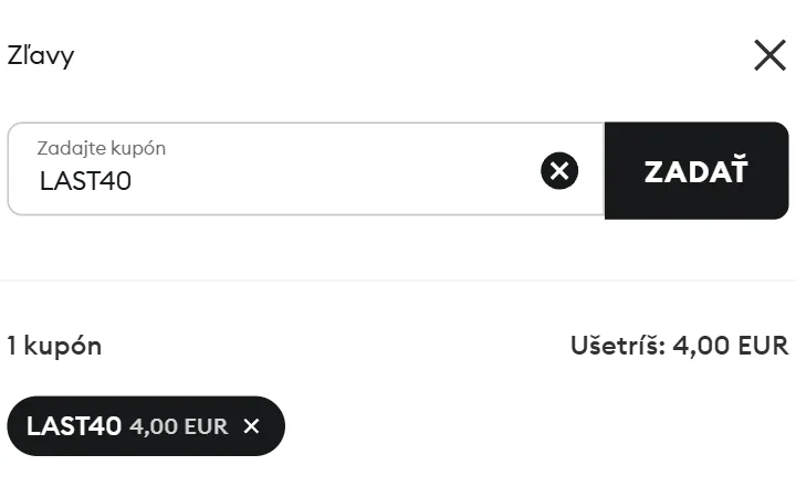 Čierny štítok s kódom a sumou 4,00 EUR pod riadkom 1 kupón v paneli Zľavy na Sinsay