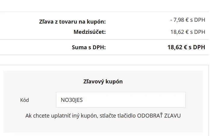 Odpočítaných 7,98 € v riadku Zľava z tovaru na kupón a suma 18,62 € s DPH v košíku FAnn