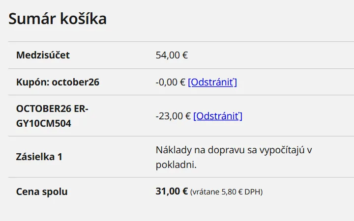 Sumár košíka Panasonic s dvoma riadkami kupónu, mínus 23 € a cenou spolu 31 €